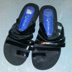 Jeffrey Campbell Black Patent Strappy Slides. 7.5